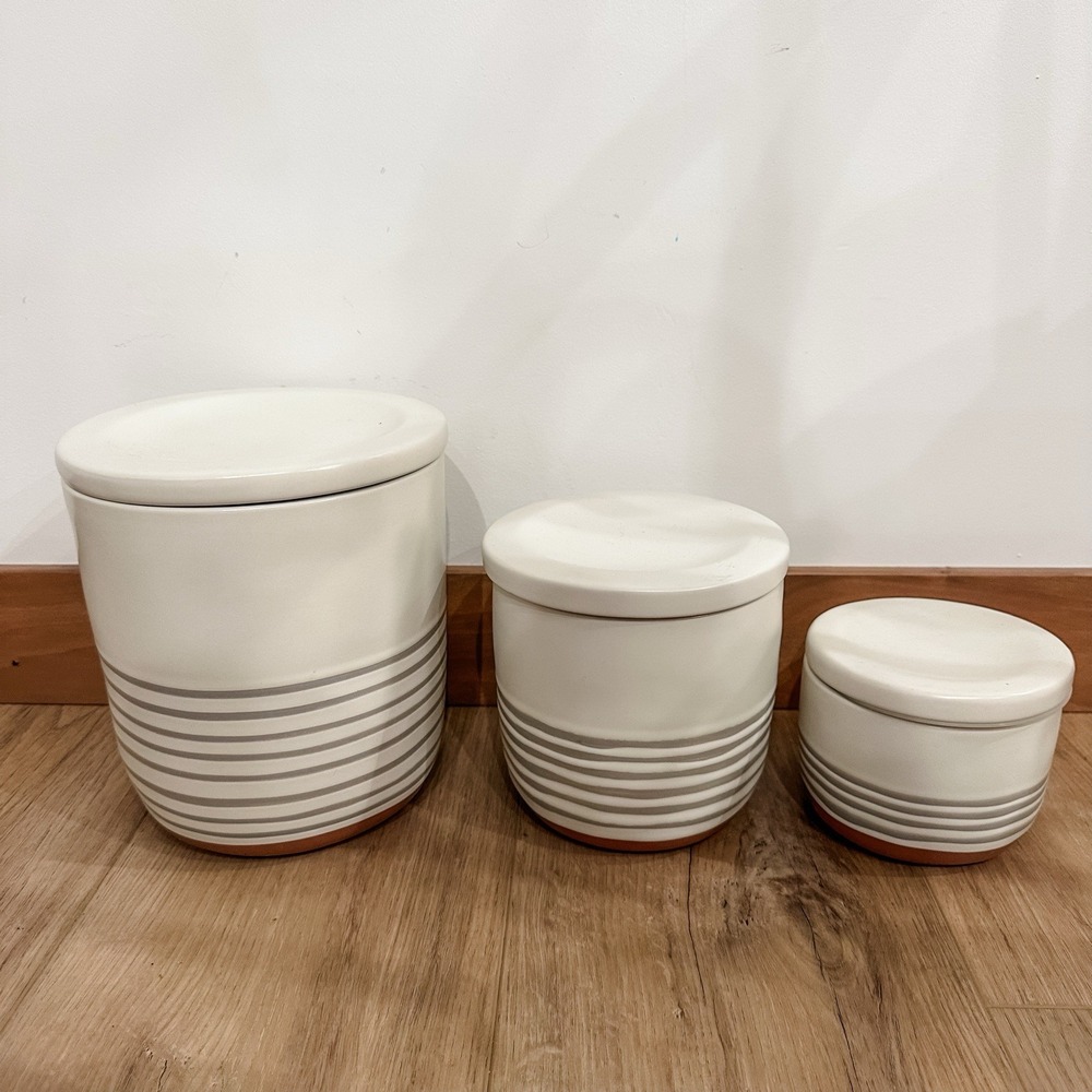 Hearth & Hand Magnolia Stoneware 3 Crocks Cream & Gray Stripes w/ Lids Lg Md Sm